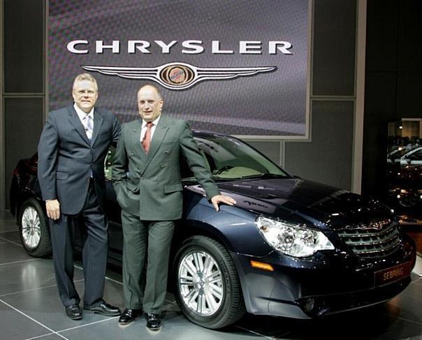 Tom LaSorda and Joe Eberhardt reveal the all-new Chrysler Sebring sedan at the 2006 British International Motor Show.